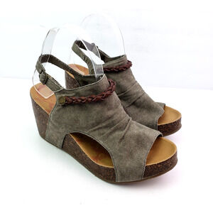 Blowfish Malibu Womens Size 7.5 Tan Green Canvas Cork 3.25" Heel Wedge Sandals